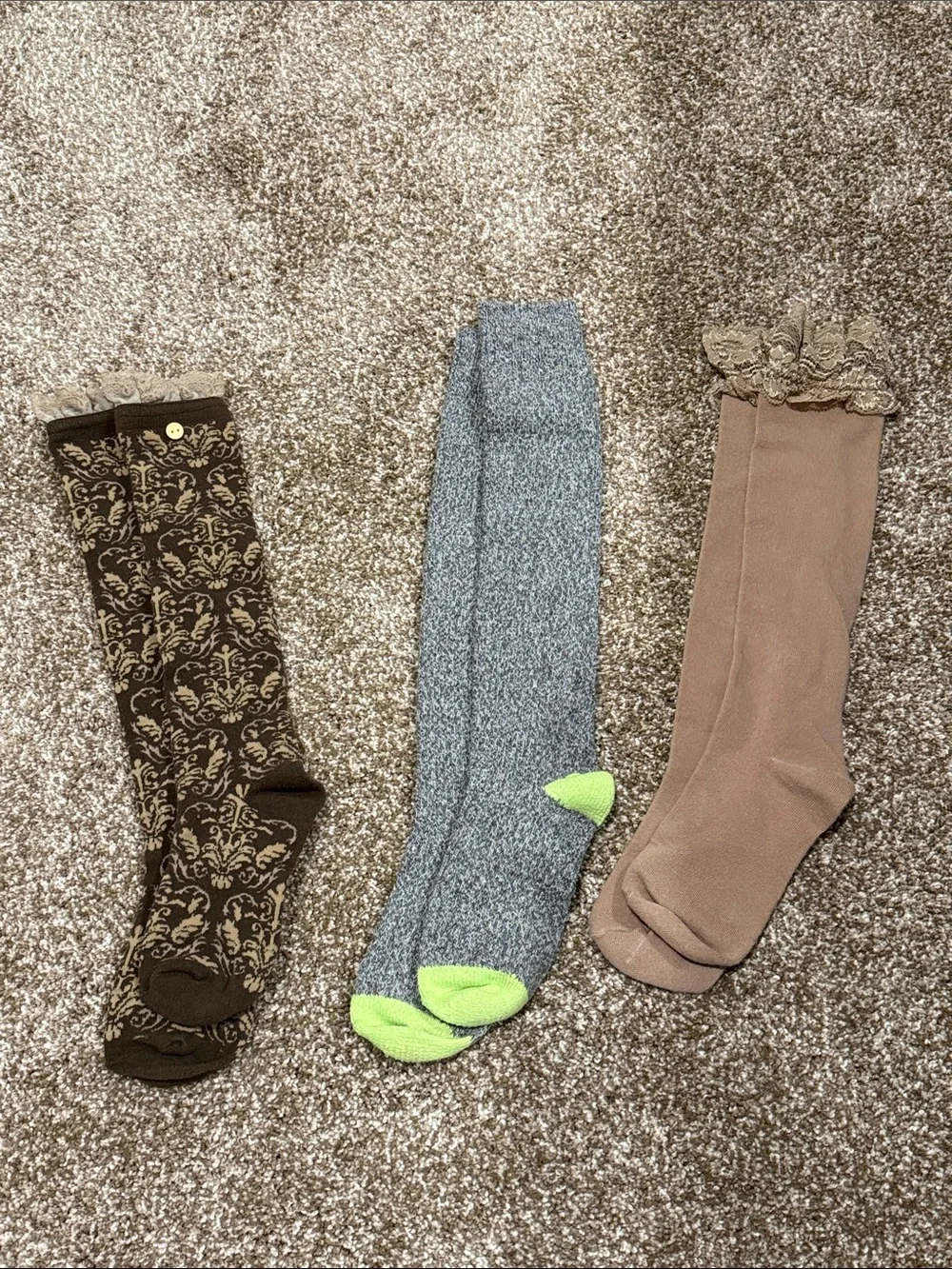 3 pair Women’Knee-High Socks  - Brown, Gray with Neon Green Accents, and Tan